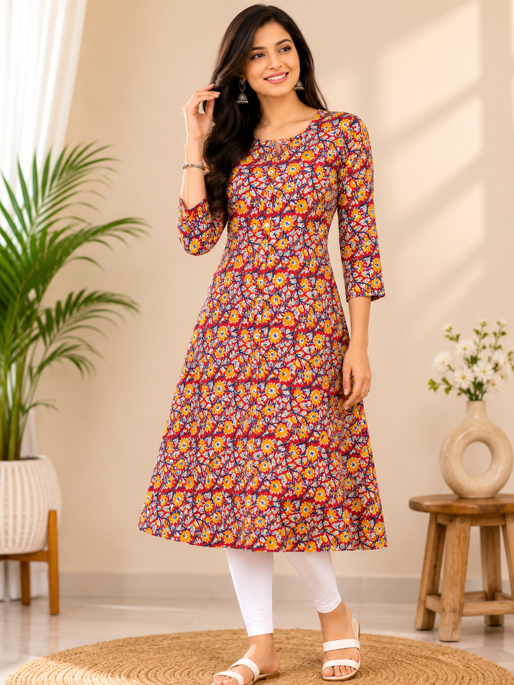 Swagzaar Women's Maroon Kalamkari Printed A-Line Kurti | 3/4 Sleeve Ethnic Wear