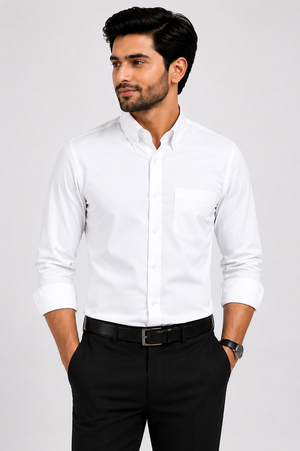 Men's Premium Cotton Oxford Button-Down Shirt | Comfort Fit | Full Sleeve | Casual & Formal Wear | White