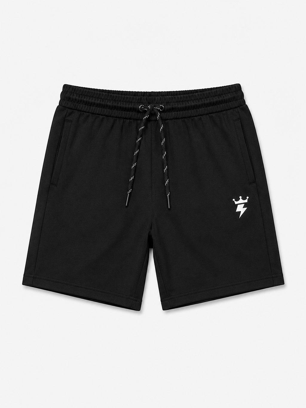 SWAGZAAR men's black lycra track shorts with premium stretchable fabric, regular fit, drawstring waist and zipper pockets, ideal for gym, running, sports, workouts and everyday casual wear.