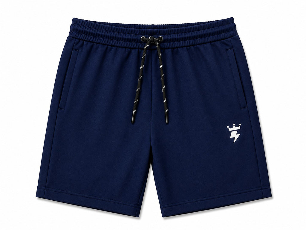 SWAGZAAR men's dark blue lycra track shorts with premium stretchable fabric, regular fit, drawstring waist and zipper pockets, perfect for gym, running, sports, workouts and casual daily wear.