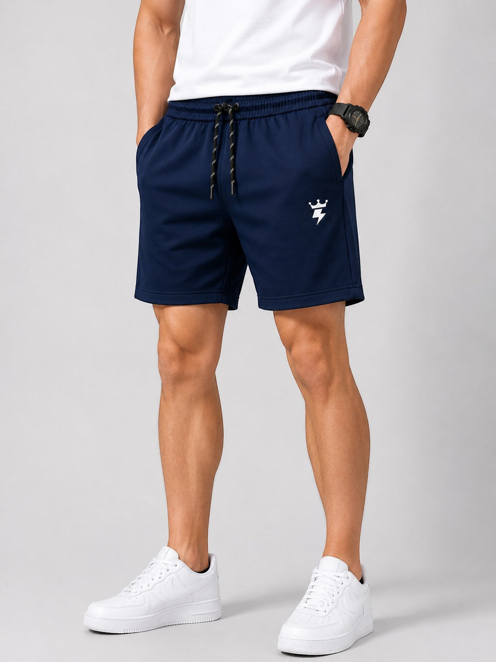 SWAGZAAR men's dark blue lycra track shorts with premium stretchable fabric, regular fit, drawstring waist and zipper pockets, perfect for gym, running, sports, workouts and casual daily wear.