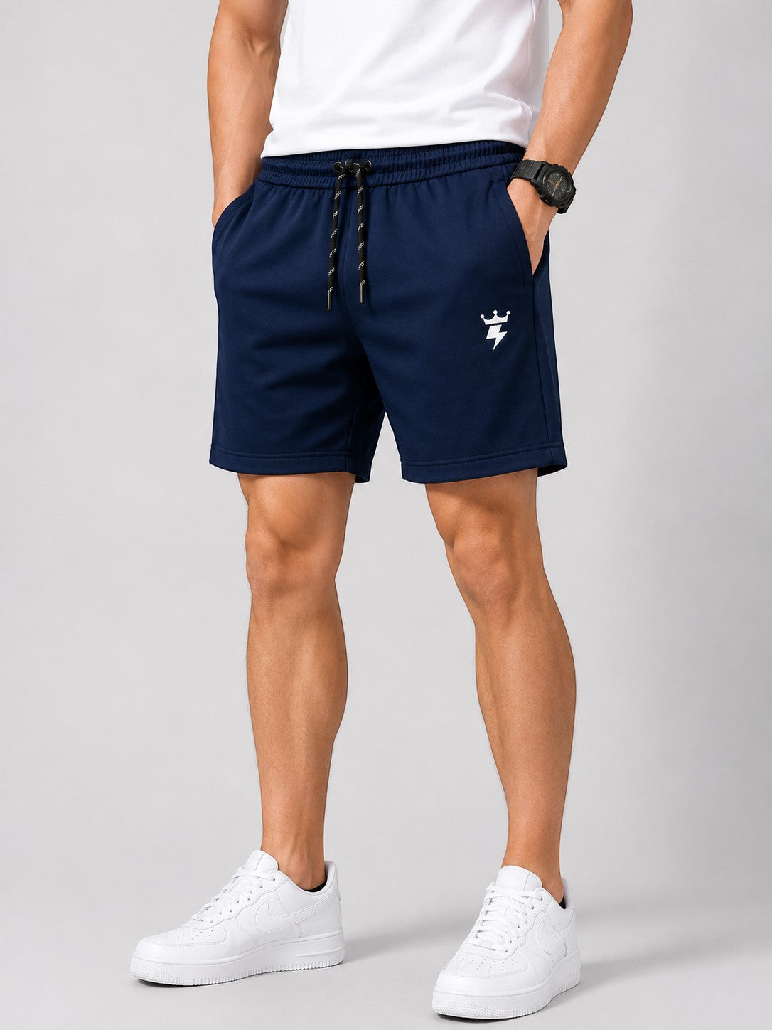SWAGZAAR men's dark blue lycra track shorts with premium stretchable fabric, regular fit, drawstring waist and zipper pockets, perfect for gym, running, sports, workouts and casual daily wear.