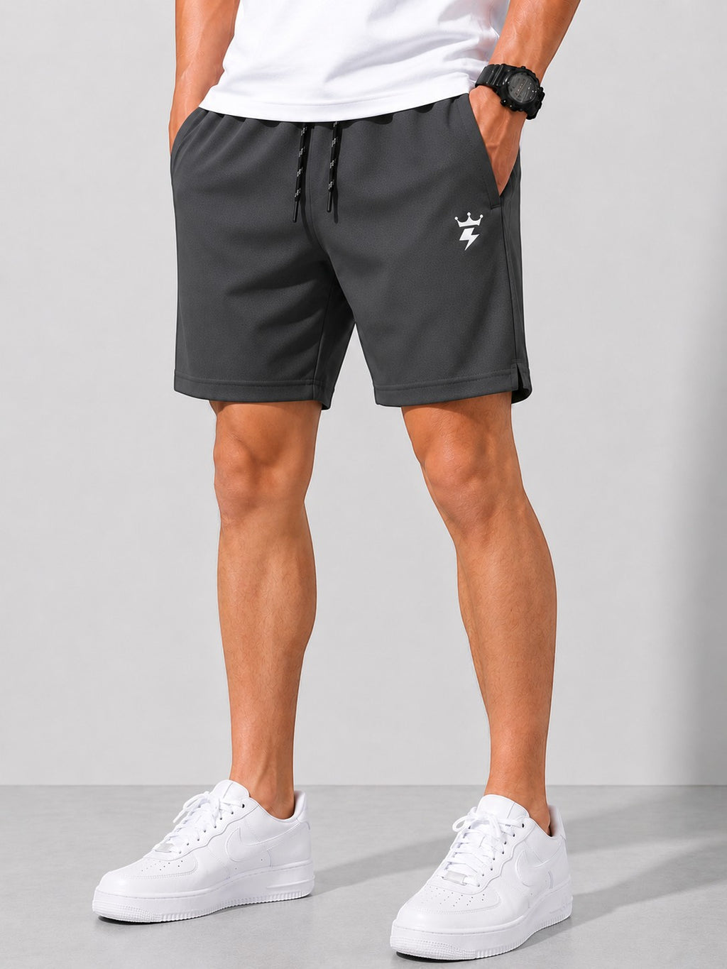 SWAGZAAR men's dark grey lycra track shorts with stretchable fabric, regular fit, drawstring waist and zipper pockets, ideal for gym, running, sports, workouts and casual daily wear.