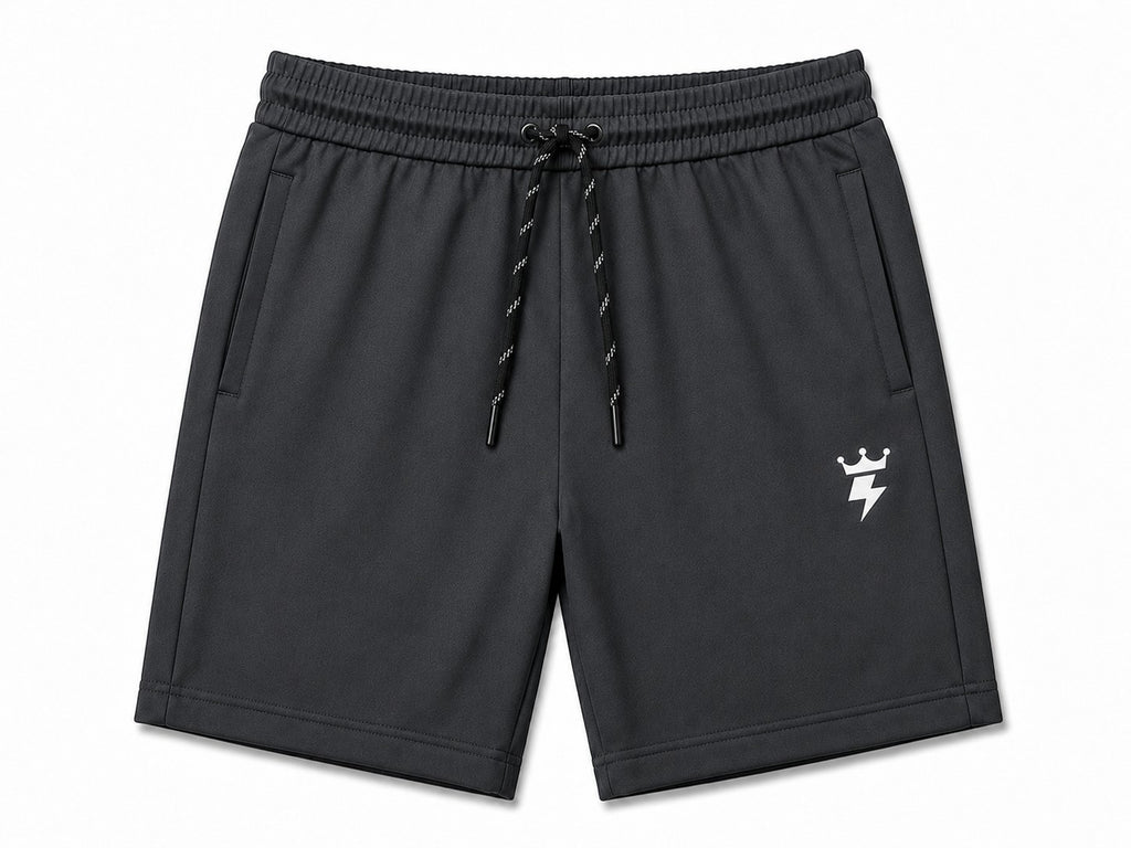 SWAGZAAR men's dark grey lycra track shorts with stretchable fabric, regular fit, drawstring waist and zipper pockets, ideal for gym, running, sports, workouts and casual daily wear.