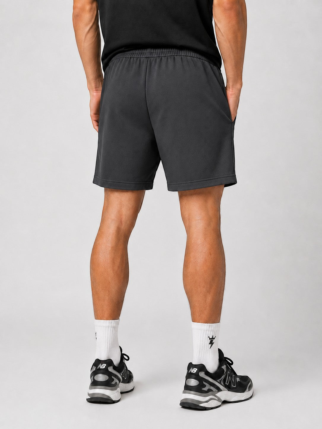 SWAGZAAR men's dark grey lycra track shorts with stretchable fabric, regular fit, drawstring waist and zipper pockets, ideal for gym, running, sports, workouts and casual daily wear.