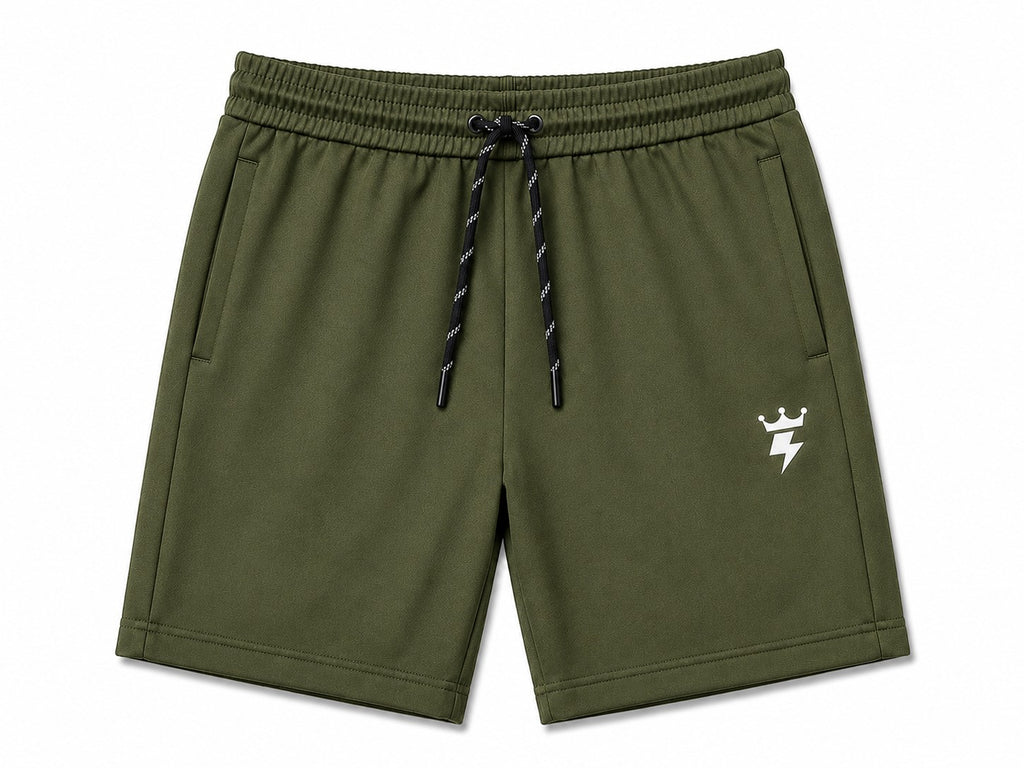 SWAGZAAR men's olive green lycra track shorts with premium stretchable fabric, regular fit, drawstring waist and zipper pockets, ideal for gym, running, sports, workouts and everyday casual wear.