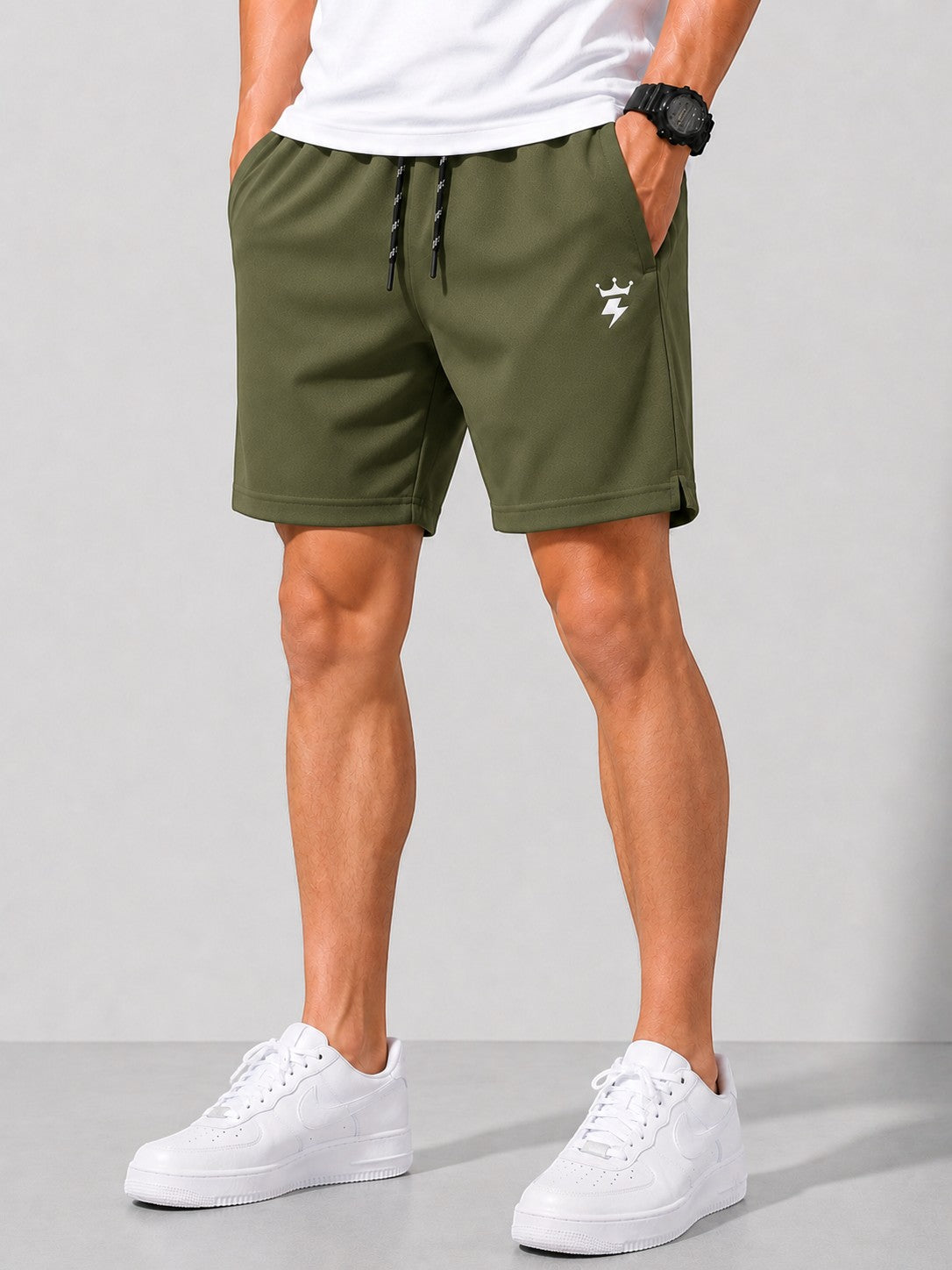 SWAGZAAR men's olive green lycra track shorts with premium stretchable fabric, regular fit, drawstring waist and zipper pockets, ideal for gym, running, sports, workouts and everyday casual wear.