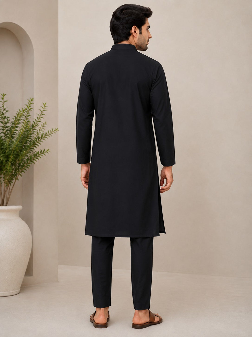 SWAGZAAR men's black cotton blend kurta with mandarin collar and full sleeves, regular fit ethnic wear for festivals, weddings, office and casual occasions.