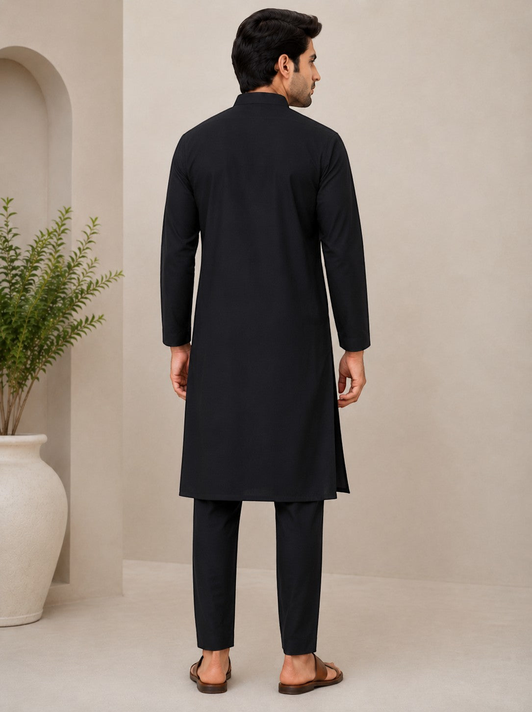 SWAGZAAR men's black cotton blend kurta with mandarin collar and full sleeves, regular fit ethnic wear for festivals, weddings, office and casual occasions.