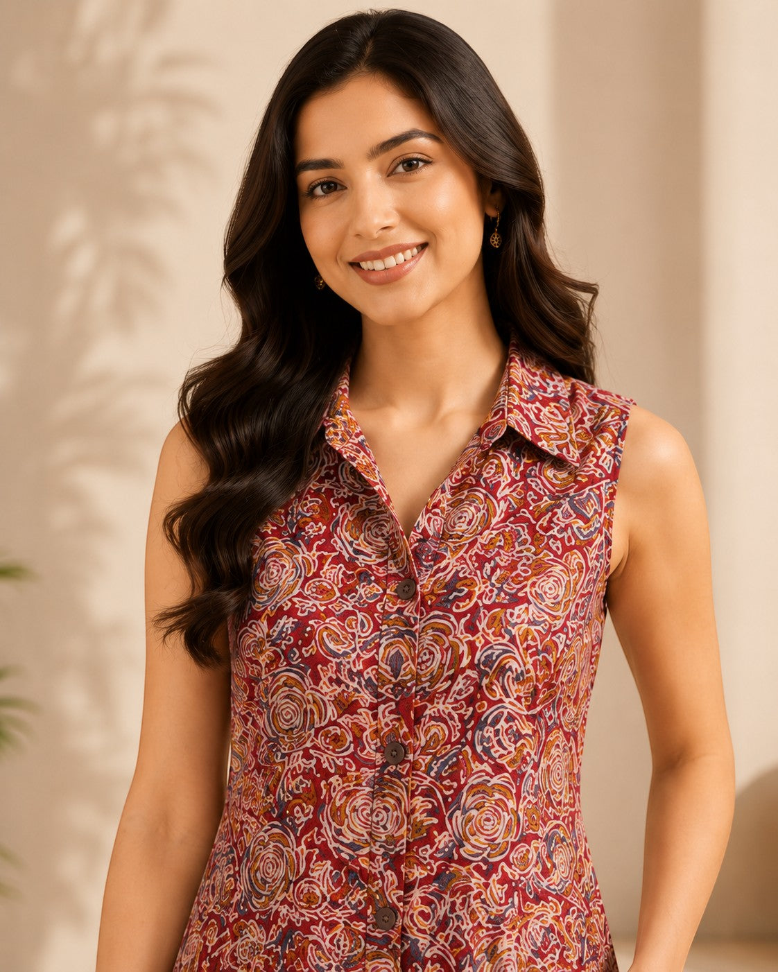 SWAGZAAR women's maroon floral Kalamkari printed sleeveless A-line kurti made from soft cotton blend fabric, featuring a traditional floral print, comfortable regular fit, perfect for casual wear, office, college, festive occasions and everyday ethnic style.