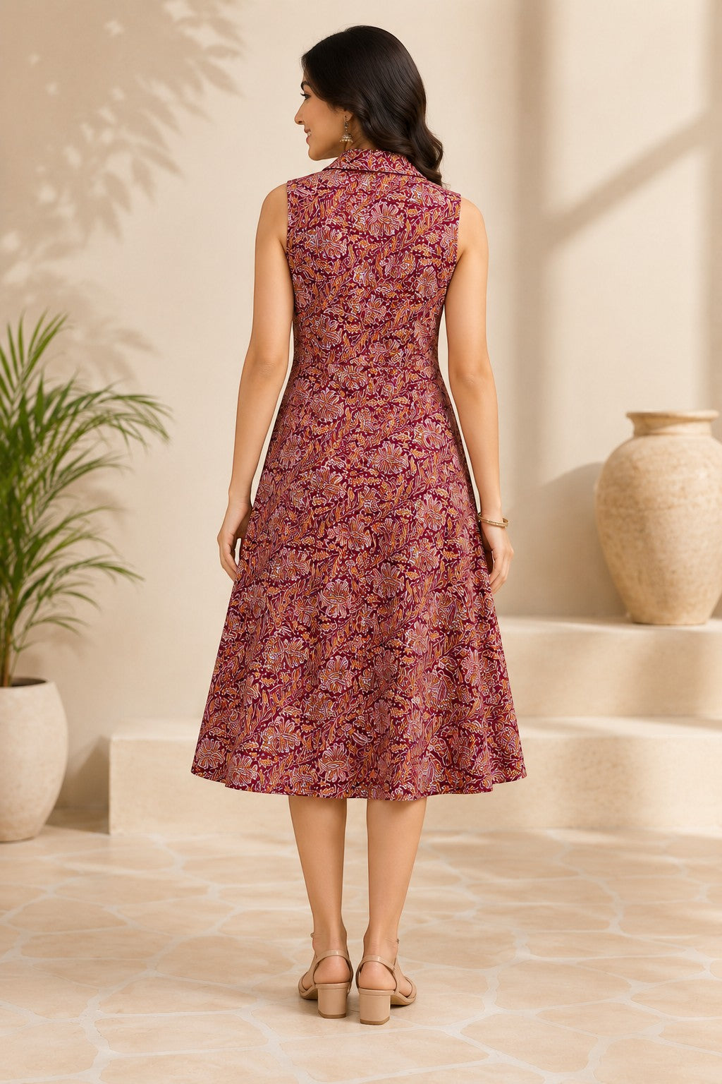SWAGZAAR women's maroon Kalamkari printed sleeveless A-line kurti made from soft cotton blend fabric, comfortable regular fit, ideal for casual wear, office, college, festive occasions and everyday ethnic fashion.