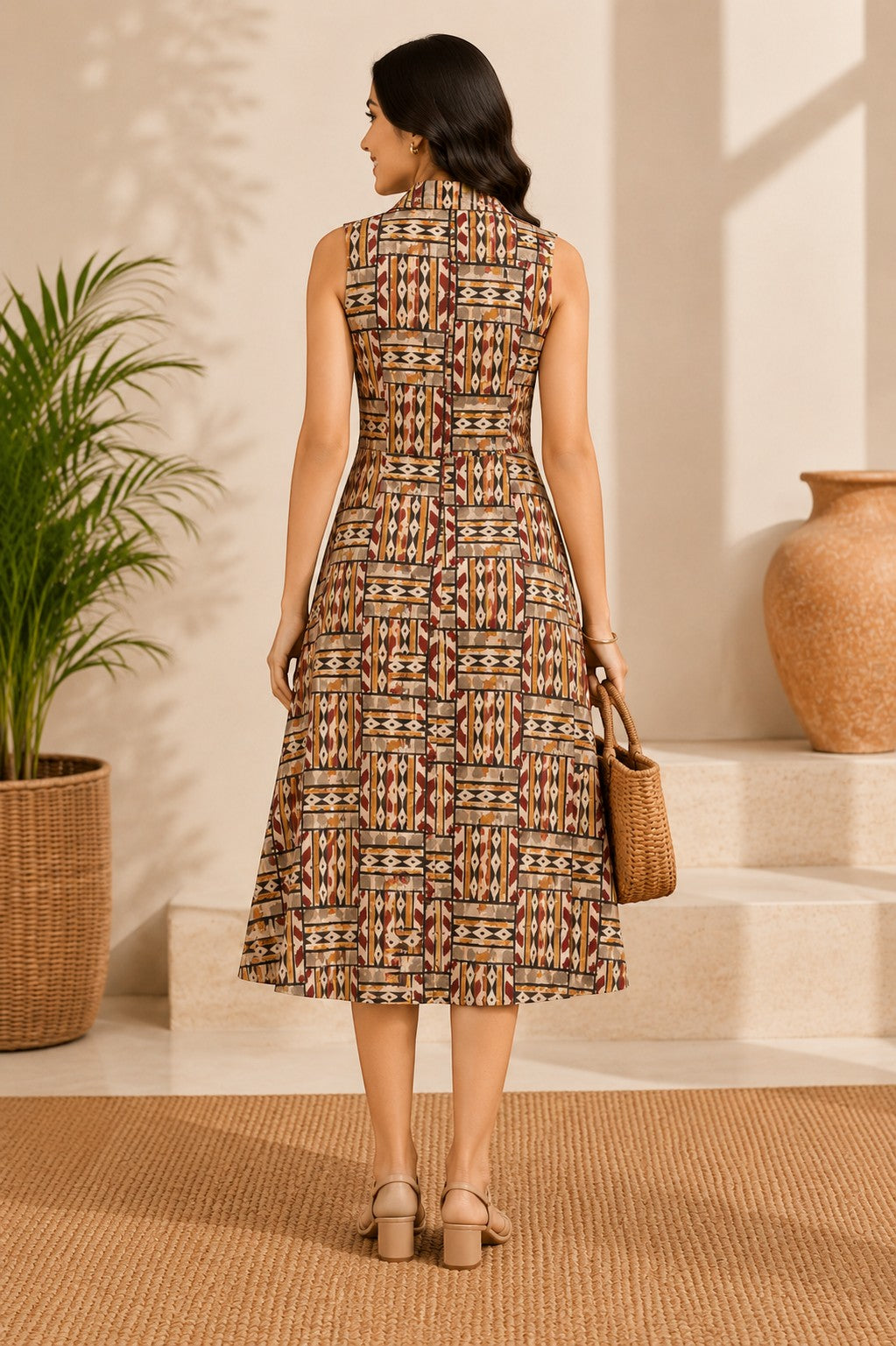 SWAGZAAR women's multicolor geometric Kalamkari printed sleeveless A-line kurti made from soft breathable fabric, featuring a flattering fit, vibrant ethnic print and comfortable design for casual wear, office, festivals and everyday use.