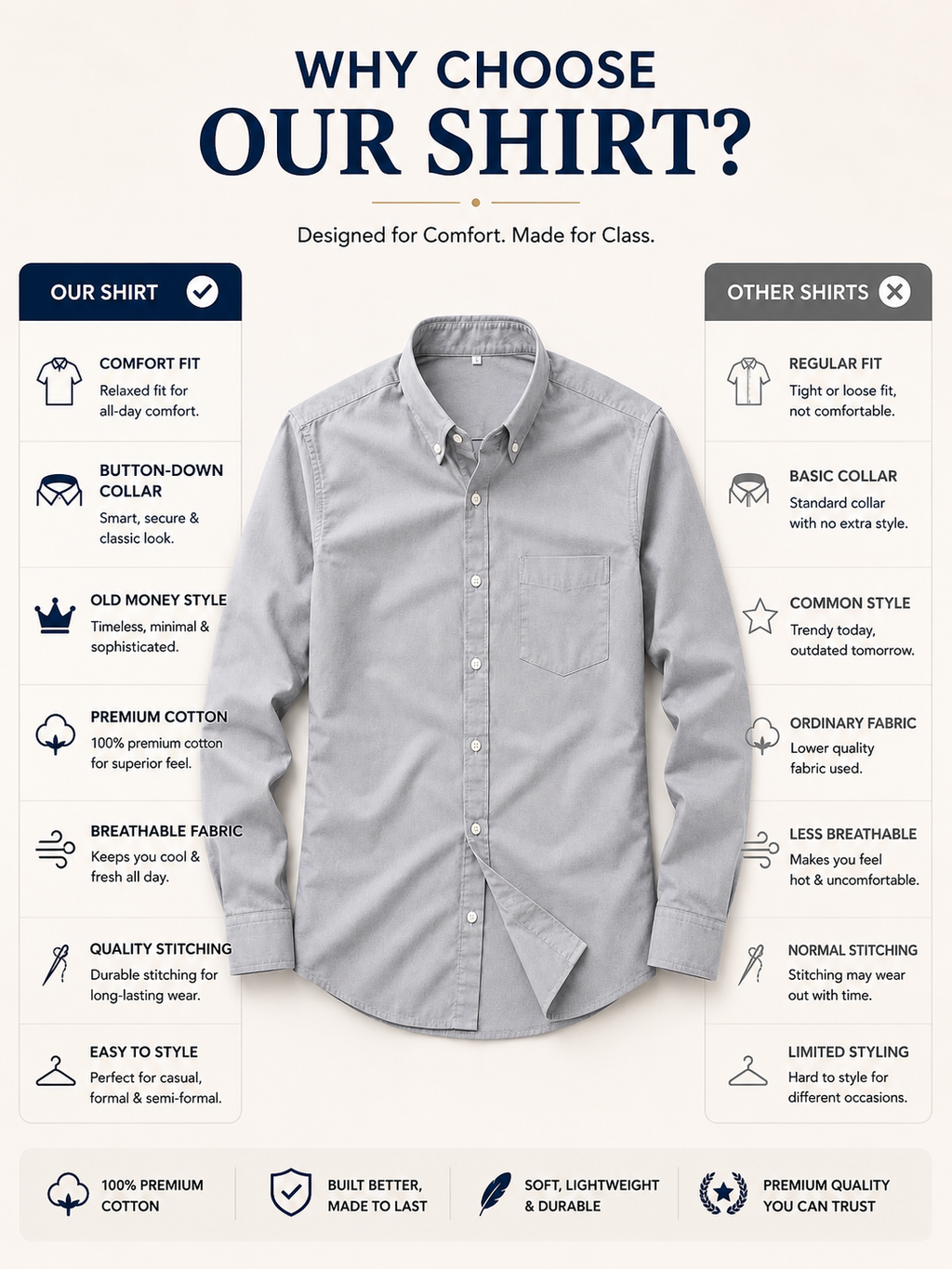 Men's Premium Cotton Oxford Button-Down Shirt | Comfort Fit | Full Sleeve | Casual & Formal Wear | Dark Grey