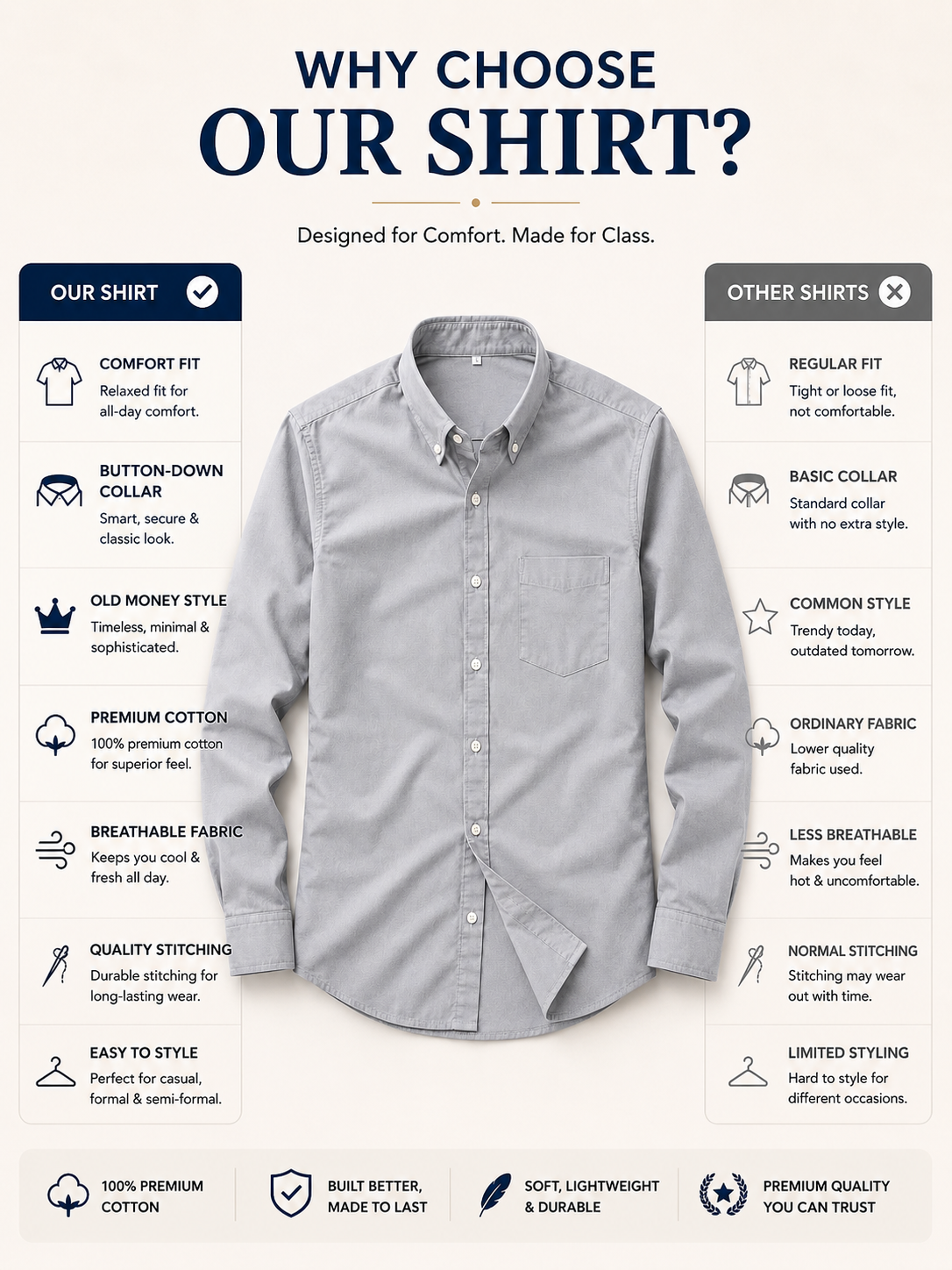 Men's Premium Cotton Oxford Button-Down Shirt | Comfort Fit | Full Sleeve | Casual & Formal Wear | Dark Grey