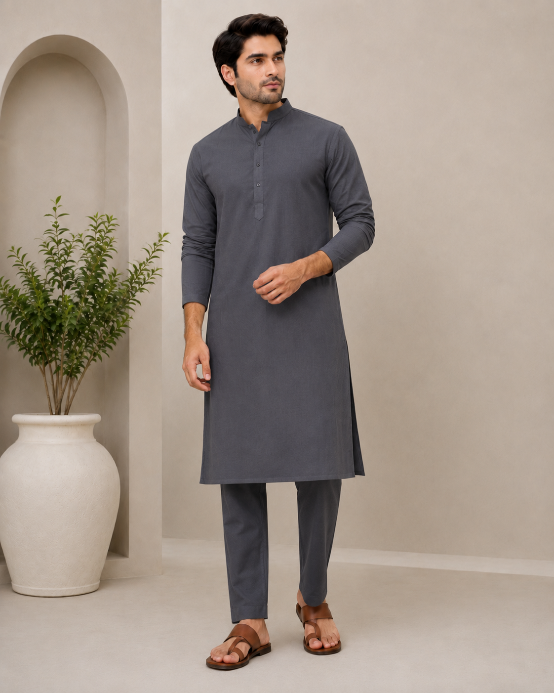Premium Dark Grey Cotton Blend Kurta for Men – Elegant Festive & Casual Wear