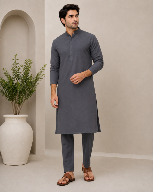 Premium Dark Grey Cotton Blend Kurta for Men – Elegant Festive & Casual Wear