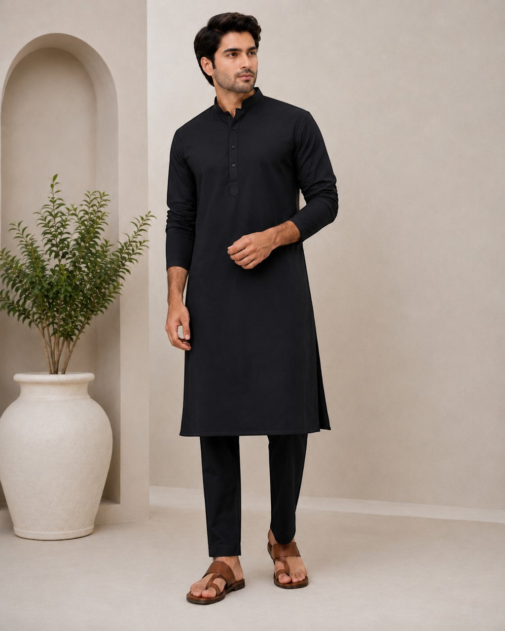 swagzaar men's premium black cotton blend kurta with mandarin collar and long sleeves in a minimalist studio setting