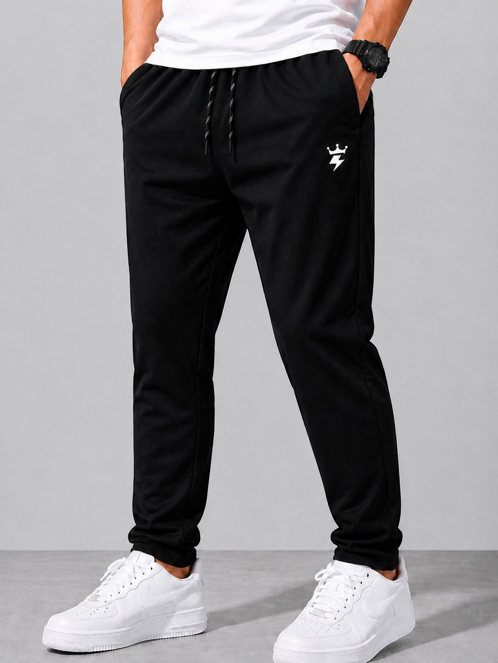 SWAGZAAR men's black lycra track pants with premium stretchable fabric, regular fit, zipper pockets and adjustable drawstring waist, ideal for gym, running, sports, workouts and everyday casual wear.
