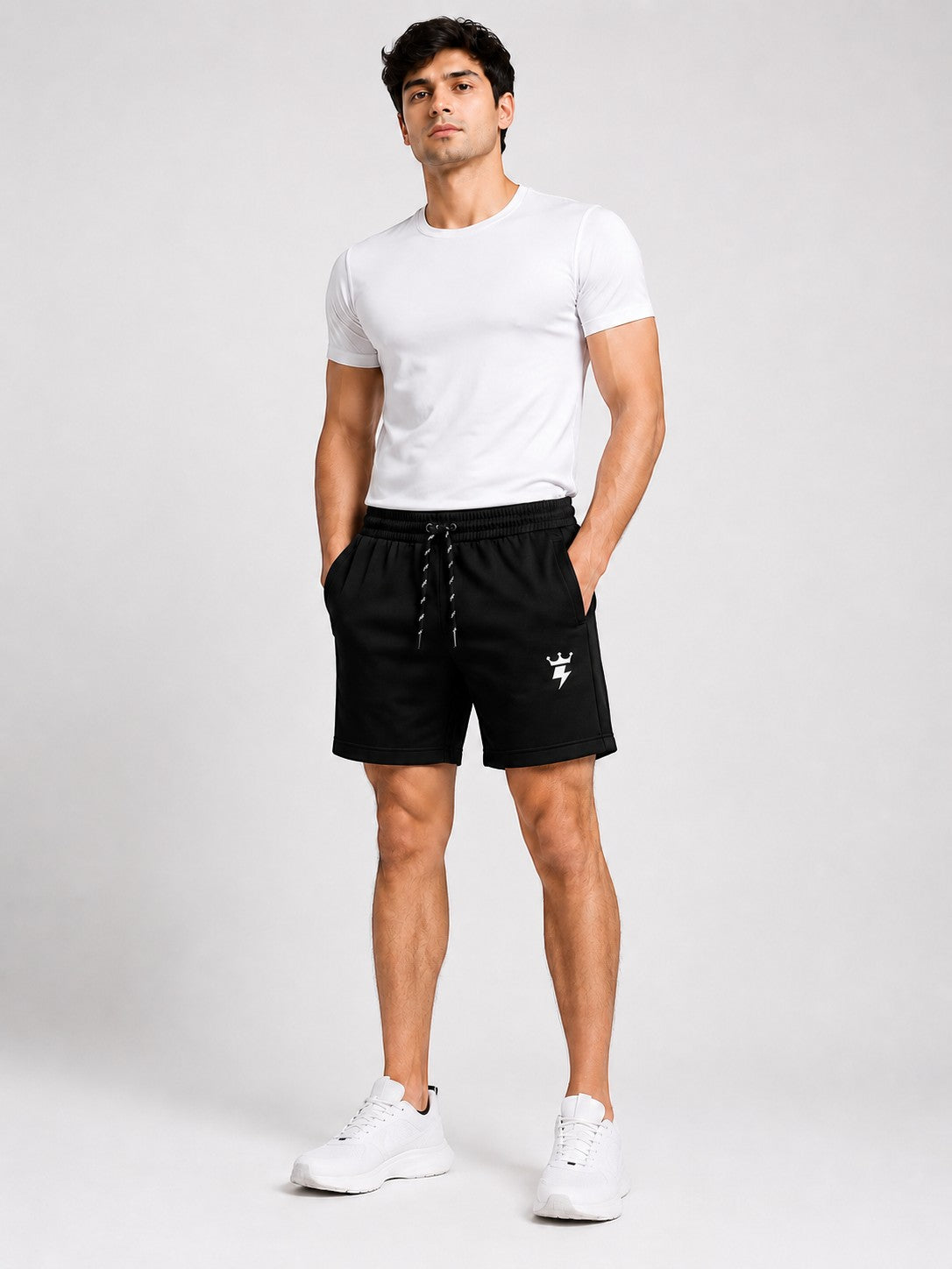 SWAGZAAR men's black lycra track shorts with premium stretchable fabric, regular fit, drawstring waist and zipper pockets, ideal for gym, running, sports, workouts and everyday casual wear.