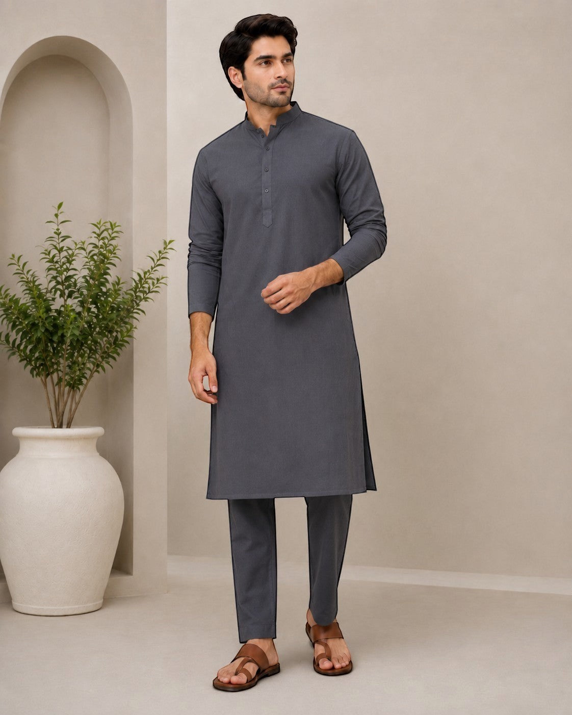 Swagzaar charcoal grey men's kurta pajama set with mandarin collar and tailored fit for formal ethnic occasions.
