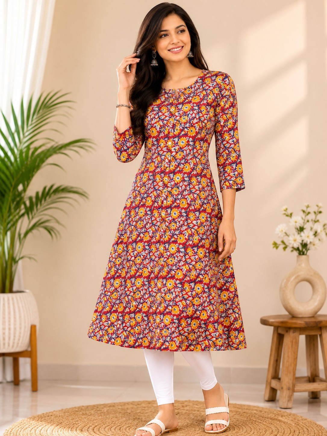 A woman wearing a Swagzaar floral print cotton A-line kurta with three-quarter sleeves and a round neckline.