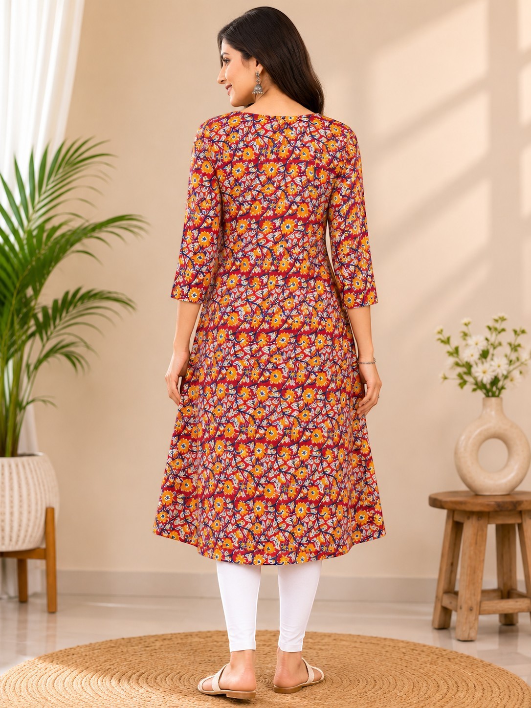 swagzaar women's A-line cotton kurta featuring a vibrant multi-colored floral print and three-quarter sleeves