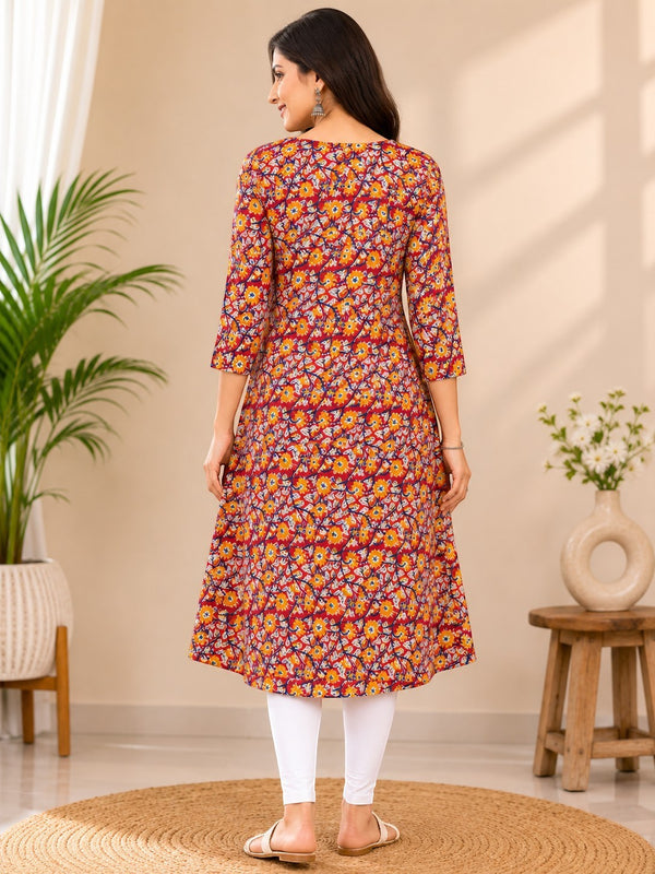 swagzaar women's A-line cotton kurta featuring a vibrant multi-colored floral print and three-quarter sleeves