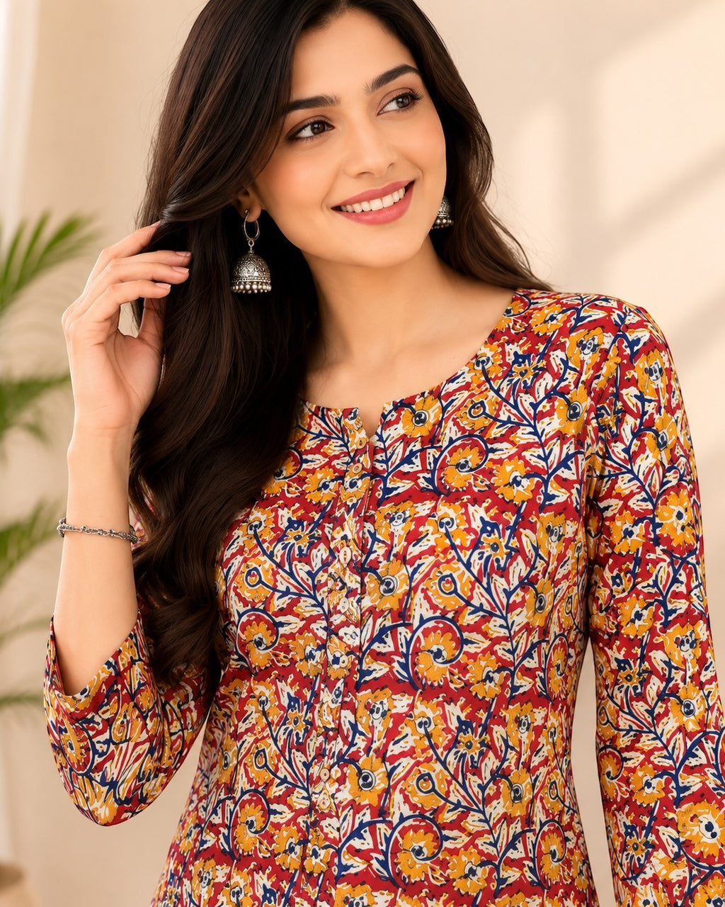 Swagzaar women's cotton kurta featuring a vibrant multi-colored floral print, round neck, and three-quarter sleeves.