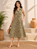 SWAGZAAR women's olive green Kalamkari printed sleeveless A-line kurti made from soft cotton blend fabric, lightweight and comfortable for casual wear, office, college, festivals and everyday ethnic style.