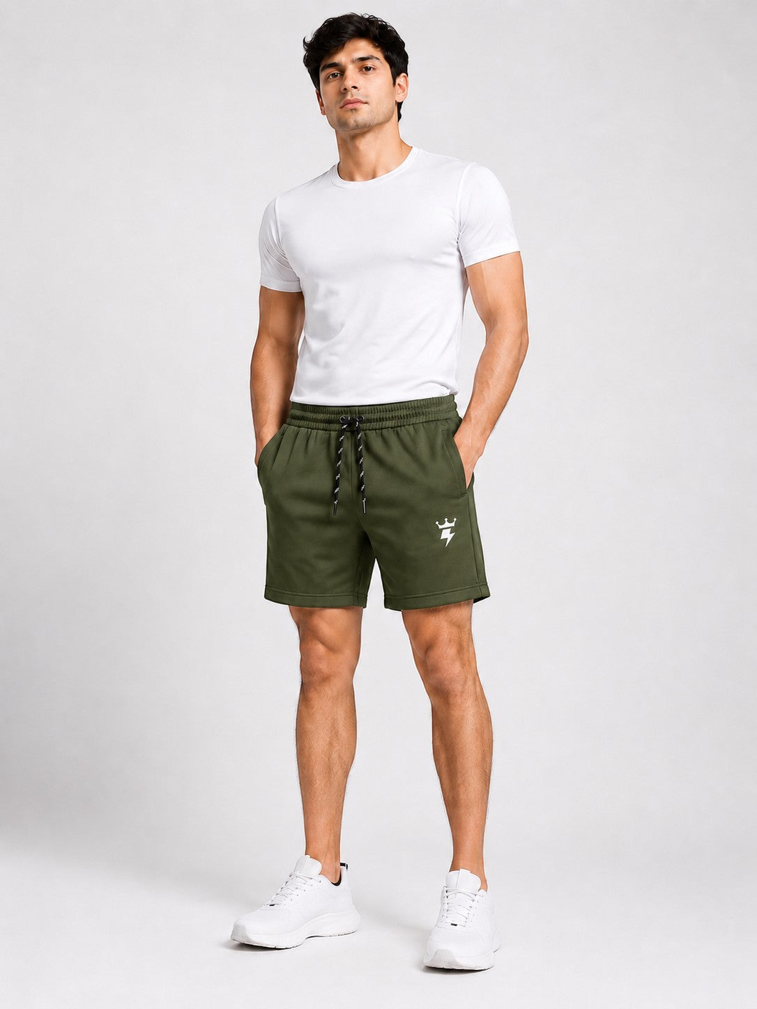SWAGZAAR men's olive green lycra track shorts with premium stretchable fabric, regular fit, drawstring waist and zipper pockets, ideal for gym, running, sports, workouts and everyday casual wear.