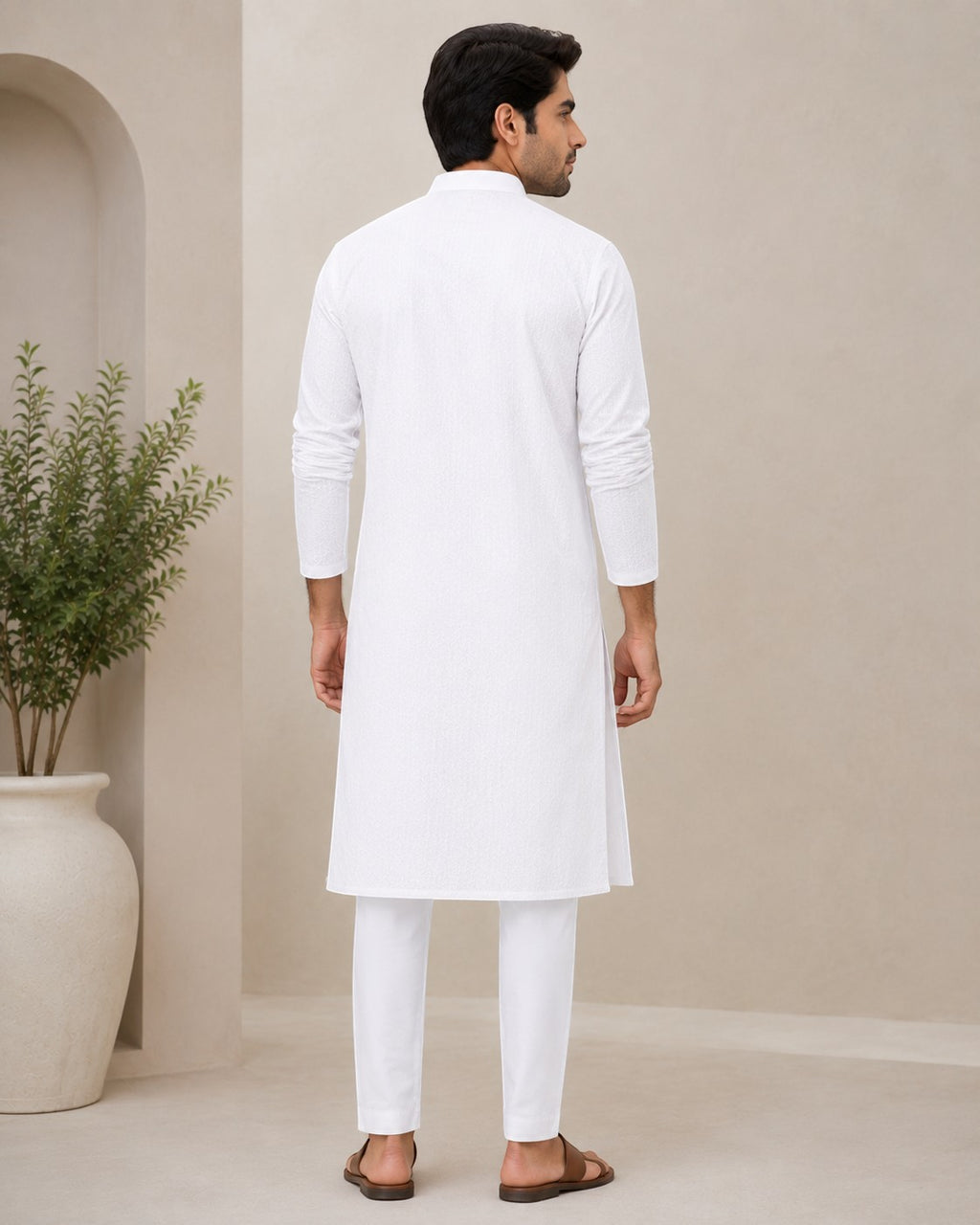 swagzaar men's white long sleeve kurta tunic shirt with mandarin collar, back view on a model