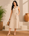 SWAGZAAR Women's 100% Cotton Beige Sleeveless A-Line Midi Dress with Shirt Collar, Front Button Closure, Waist Belt and Side Pockets.