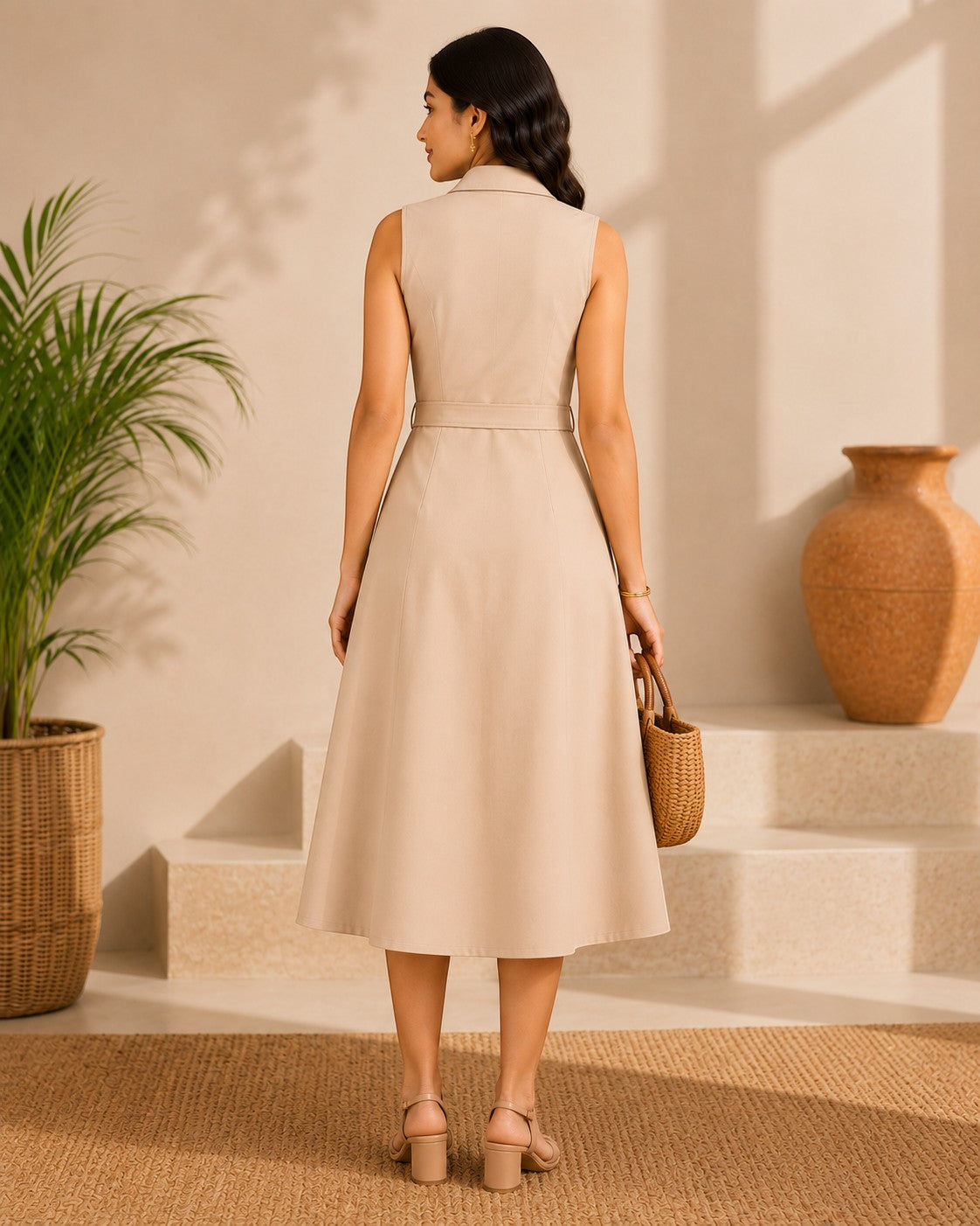 SWAGZAAR Women's 100% Cotton Beige Sleeveless A-Line Midi Dress with Shirt Collar, Front Button Closure, Waist Belt and Side Pockets.